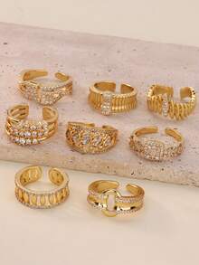 10pcs Cubic Zirconia Stainless Steel Rings, Women/Mother's Style, 18K Gold Plated Tarnish Resistant Adjustable Rings, Wedding Jewelry/Party Accessories, Valentine's Day/Mother's Day Gift