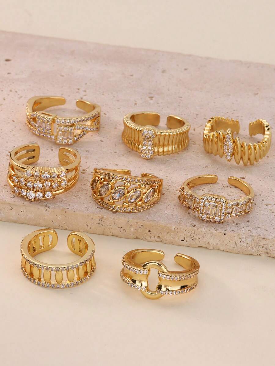 10pcs Cubic Zirconia Stainless Steel Rings, Women/Mother's Style, 18K Gold Plated Tarnish Resistant Adjustable Rings, Wedding Jewelry/Party Accessories, Valentine's Day/Mother's Day Gift