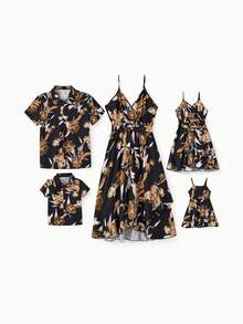 Family Matching Sets Black Floral Shirt Or V Neck Irregular Hem Ruffle Trim Strap Dress With Hidden Snap - 黑色 - 查看 1