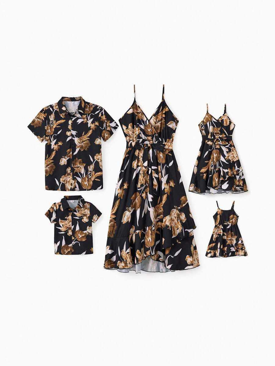 Family Matching Sets Black Floral Shirt Or V Neck Irregular Hem Ruffle Trim Strap Dress With Hidden Snap - 黑色 - 查看 1