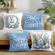 4pcs Spring Easter Minimalist Blue Floral Cute Rabbit & Egg Pillow Cover Set, Single-Sided Printed Peach Velvet Polyester Material, 45*45CM Cushion Cover For Modern Fabric Sofa Indoor Decor, Party Decoration, Gift - Multicolor - View 1