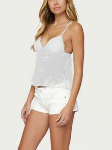 Women Y2K Sequin Cami Top Sleeveless Solid Color Sheer Mesh See Through Frilled Crop Tank Top Fairycore Sparkly Backless Flowy Camisole Summer Beach Going Out Babydoll Cami Shirt - 白色 - 查看 2