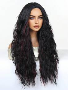 时尚长款波浪卷发假发，女士款 - 红色渐变，高温丝材质，可调节帽围，适合所有肤色，浓密卷发，无蕾丝高温丝全头假发，适合日常佩戴 - 挑染紅色 - 查看 5