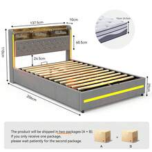 OYAJIA LED Double Size LED Platform Bed Frame OTTOMAN Lift Up Storage Bed Frame And Crystal Button-Tufted Storage Headboard, Soft Modern Fabric Upholstered Bed Frame 4ft6 Double Size, No Box Spring Needed, Easy Assembly, Grey - 灰色 - 查看 11