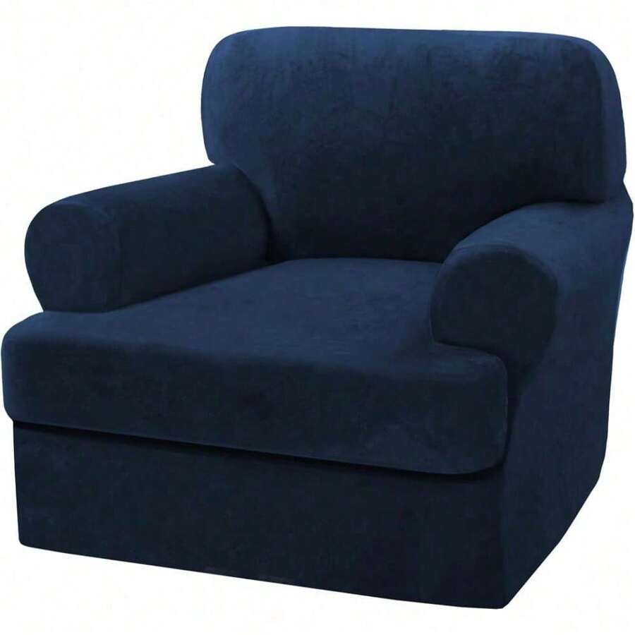 Trugenix-Sofa Cover 2 Piece T Cushion Armchair Slipcovers Velvet Couch Cover Furniture Protector Stretch T Cushion Sofa Covers For 1 Cushion Couch With 1 Individual T Cushion Covers, Deep Teal-GP - 海軍 - 查看 1