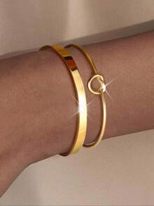 2pcs Stainless Steel Bangle Set, Fashion Simple Heart Knot Open Cuff Bangle, Smooth Open Cuff Bangle, Lightweight Luxury Tarnish Resistant Bracelet, Suitable For Girls And Women - Gold - View 2