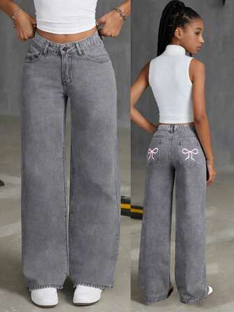 Tween Girl Loose Butterfly Print Flared Jeans, Comfortable And