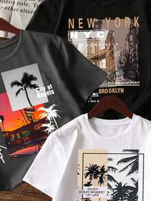 3件装男童风景图案印花圆领短袖T恤，夏季上衣 - 彩色 - 查看 3