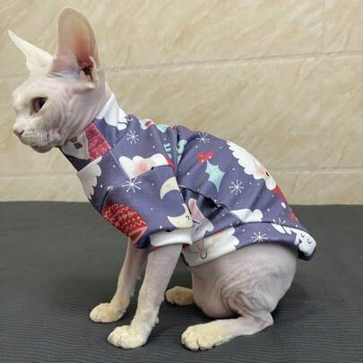 斯芬克斯猫服装，柔软弹力面料，圣诞老人印花，适合秋冬季穿着
