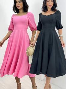 Kit 2 Vestido Zoe Preto e Rosa Midi Manga Bufante Feminino Moderno E Conforto - Preto / Rosa - Visão 9