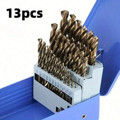 13 piezas Juego de brocas de acero de alta velocidad M35 de gran resistencia, adecuado para metal, acero inoxidable, hierro fundido, madera y plástico - Brocas helicoidales, con caja de metal, herramienta de perforación profesional y DIY