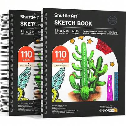 Cuaderno de bocetos Shuttle Art de 9x12", 220 hojas en total, paquete de 2 (110 hojas cada uno), papel grueso de 68 lb/100 g/m², cuaderno de bocetos con espiral de técnicas mixtas, bloc de dibujo libre de ácido para artistas adultos