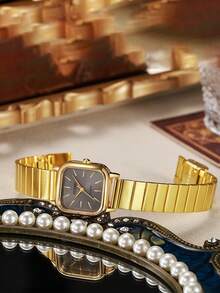 1pc Premium Minimalist Dual-Tone Textured Square Dial Quartz Watch, Versatile, Suitable For , Year-End , Birthday Gift, Holiday Gift - Black - View 4