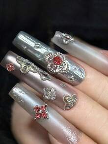10件組迷你、中型與大型美甲裝飾品，四葉草造型美甲飾品，鑲嵌水鑽、仿珍珠，金銀色，奢華Y2K金屬美甲配件，白色、粉色與紅色水鑽可選，適用於各種DIY美甲裝飾，美甲用品美甲飾件 - 彩色 - 查看 2