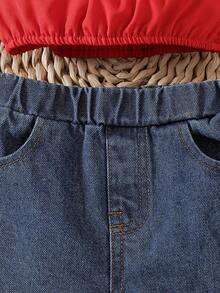 女婴时尚休闲可爱套装：露肩荷叶袖吊带背心 + 草莓印花牛仔短裤 + 蝴蝶结发带