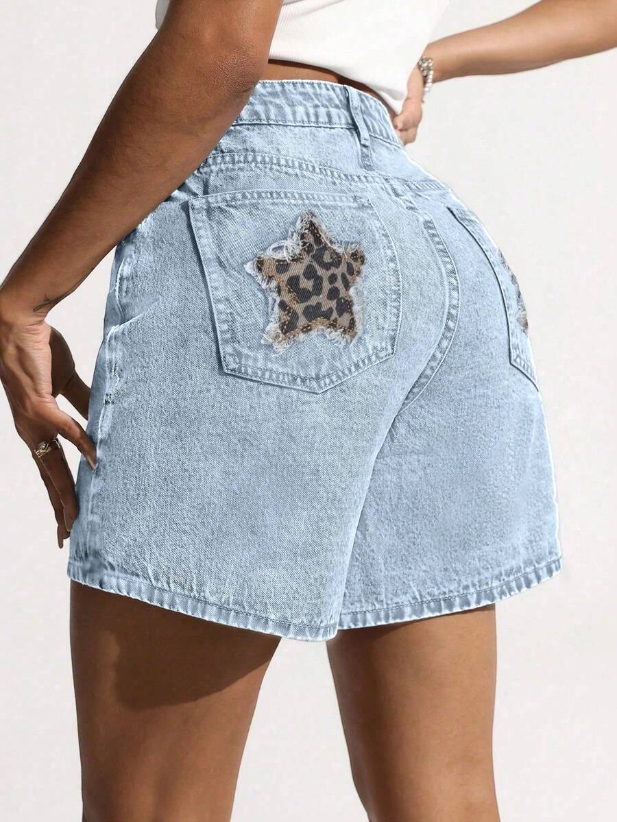 Y2K Streetwear Style Washed Frayed Pockets Leopard & Star Patchwork Denim Shorts, Multifunctional Casual Jeans Shorts For Summer - Blue and White - View 1