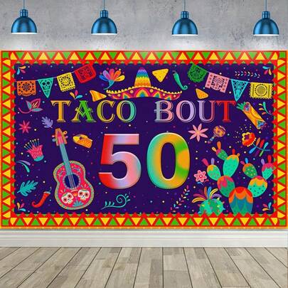 2D平面，1件套“Taco Bout 50”背景 - 生日横幅，包含吉他、仙人掌和彩色装饰，涤纶材质，男女皆宜，生日庆祝装饰，营造节日氛围，耐用涤纶横幅，生日派对装饰