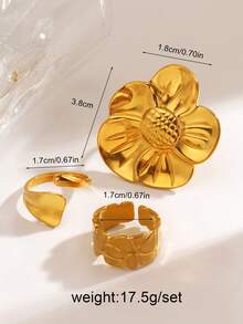 3pcs/Set 18K Gold Plated Stainless Steel Exaggerated Thick Flower Ring Set, Suitable For Women's Daily Wear