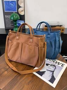 1个多色校园单肩包，笔记本电脑手提包，休闲简约多功能学生文具包，电脑包，新款时尚手提包，轻便斜挎包，简约单肩包，灯芯绒材质，适合作为节日礼物，容量大，可装笔记本电脑和学习用品，适用于各种场合 - 彩色 - 查看 3