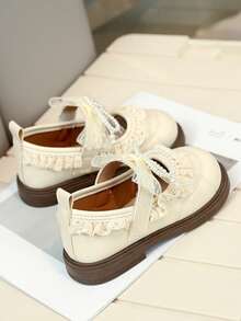 Girls' Butterfly Pearl Hook And Loop Lace Flat Shoes, Comfortable & Versatile Princess Shoes - Beige - View 5