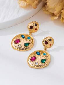 1 Par de Brincos Pendentes Geométricos Redondos Assimétricos Dourados com Textura, Decorados com Gemas Coloridas Luxuosas e Personalizadas, para Mulheres - Ouro amarelo - Visão 3