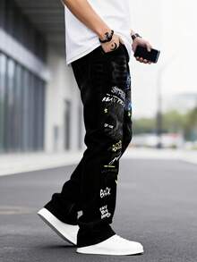 青少年男孩休闲印花牛仔裤，四季皆宜 - 黑色 - 查看 2