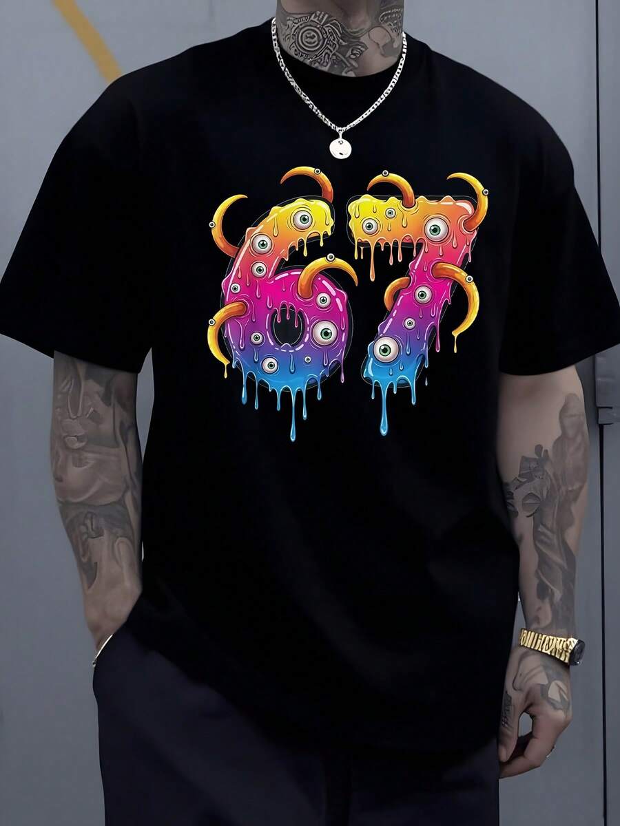 Streetwear Graphic 67 Dripping Eyes Digital Printed T Shirt 220g 1Pcs Edgy Men's Casual Short Sleeve 100% Cotton Tee Monster Inspired Graphic - Black - View 1