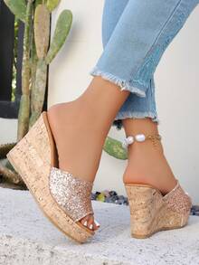 2026 Women's New Shiny Wedge Heel Sandals, Fashion Thick Bottom Slip-On Open Toe Casual Slippers - Pink - View 6