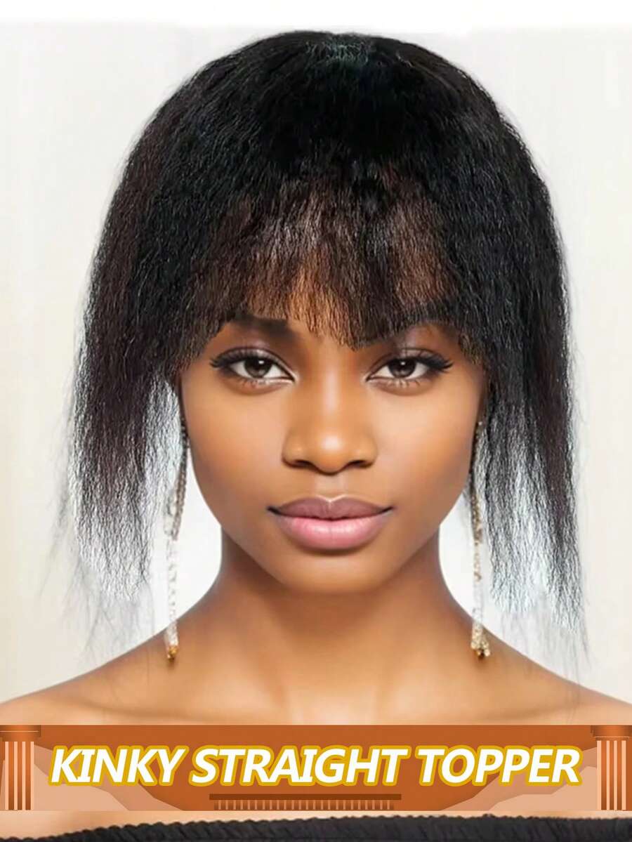 Kinky Straight Human Hair Topper With Bangs Topper Hair Piece With Thinning Hair Clip In Topper Wiglets Natural Black Fluffy Curly Hair Topper - Natural Black - View 1