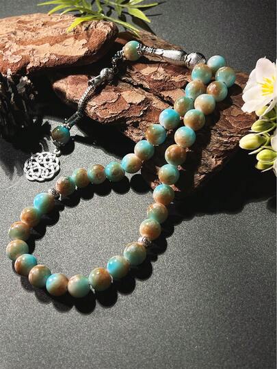 33 st olivgröna glaspärlor Tasbih med 3 tofsar, mellanöstern bönepärlor för daglig andakt/Dhikr-räkning