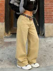 Women's Khaki Loose Wide-Leg Minimalist Style Denim Jeans - Daily Street Fashion Versatile Pants - Khaki - View 3