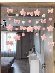 1pc Pink Planet Decorative Hanging Curtain, No Drilling Required, Suitable For Bedroom, Children's Room, Princess Room, With Bowknot Decor - Pink - View 9