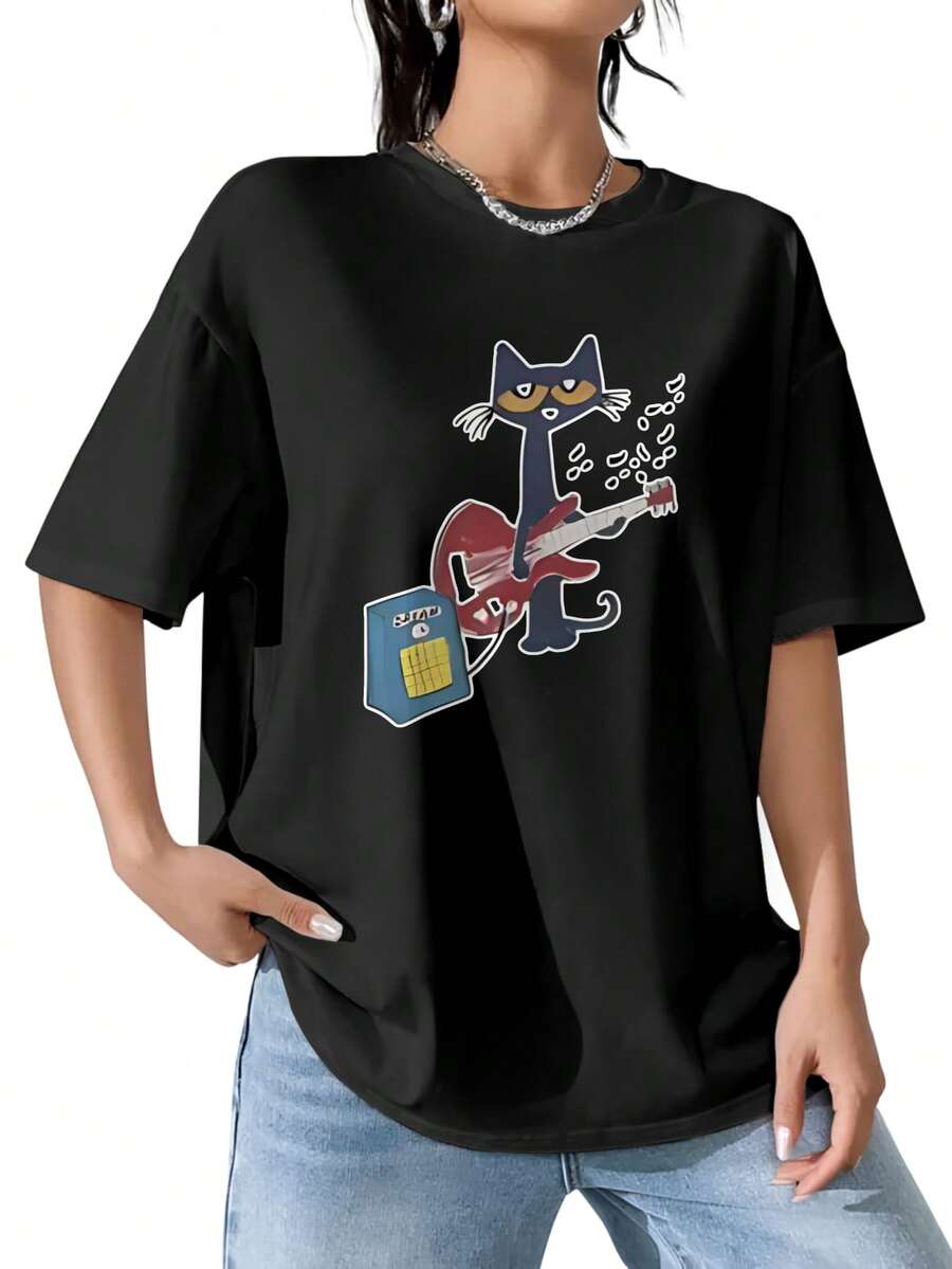 Women Funny Music-Themed T-Shirt Cute Playing Guitar Cat With Passport Graphic Soft Everyday Casual Top White Crew Neck Tee For Concerts Travel Everyday Outfits All-Season Comfort Fit Concert Attire Relaxed Fit Shirt Comfortable Fabric Spring Fashion Playful Design Breathable Material Short Sleeve Shirt Adult Clothing - Black - View 1