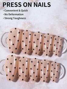 24片杏仁形黑色波点猫眼美甲贴纸，亚克力按压式美甲，包含1片果冻胶和1个指甲锉。波点和猫眼美甲让您的指尖闪耀夺目，适合派对、跳舞和日常使用。美甲用品 - 彩色 - 查看 2