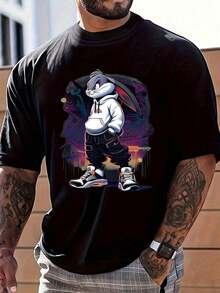 Men's Fashion Domineering Rabbit Print Round Neck Short Sleeve Daily Casual Popular T-Shirt - màu đen - Xem 1