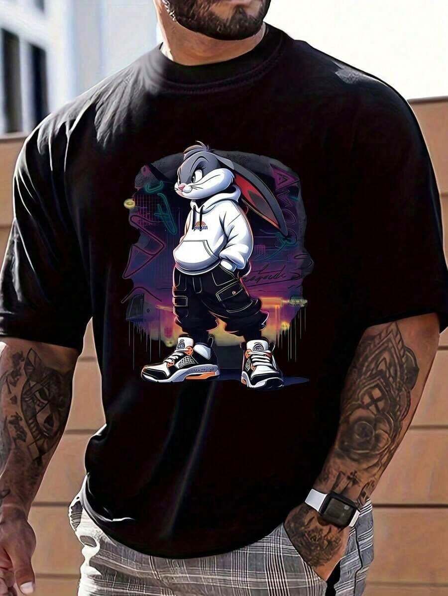 Men's Fashion Domineering Rabbit Print Round Neck Short Sleeve Daily Casual Popular T-Shirt - màu đen - Xem 1