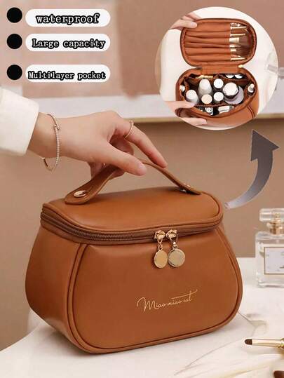 1pc Holiday Travel Makeup Bag - PU Leather Cosmetic Bag - Multi-Functional Storage Bag - Large Capacity Makeup Organizer - Waterproof Bathroom Makeup Bag - Toiletry Bag - Portable Handbag - Bathroom Storage - Bedroom Storage - Travel Essential - Travel Accessory - Cruise Essential - Holiday Essential - Holiday Gift - Birthday Gift - Bridal Gift - Valentine's Day Gift - Women's Gift - New Winter Item