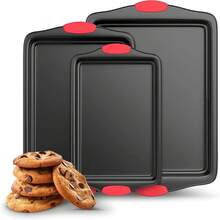 3 PiecesNonstick Kitchen Oven Baking Pans - Premium & Stylish Non-Stick Steel, Commercial Grade Restaurant Quality Metal Bakeware With Red Silicone Handles - Easy To Clean - Black - View 10