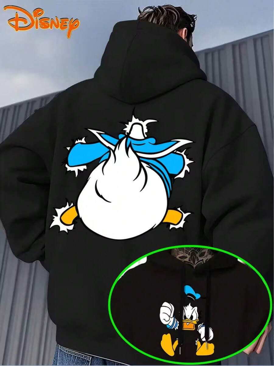 Men's Hoodie-Donald Duck Cartoon Pattern Pullover, Loose Hoodie Sweater In Front Pocket, Suitable For Casual Wear, Disney's Birthday Gift, Travel Clothes, Playful Design, Comfortable Fabrics, Fan Clothes, Movie Lovers, Home Clothes, Durable Materials, Printed Sweatshirts, Men's. - 黑色 - 查看 1