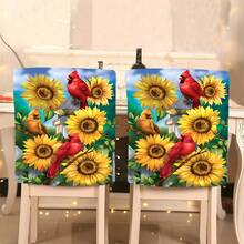 1pc/4pcs/6pcs/10pcs Spring & Summer Series 3 Little Birds Surrounded By Blooming Sunflowers Print Short Plush Chair Cover, Removable Short Plush Material Chair Backrest Protector Cover, Suitable For Dining Room, Living Room, Home Chairs, Decorative Chair Cover For Seasons And Holidays, Fits Restaurants, Offices, Living Rooms, Hotels And Home Decor - Multicolor - View 1