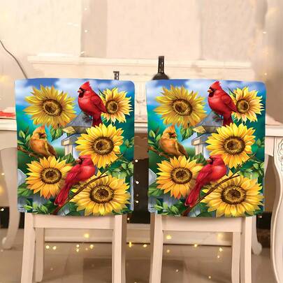 1 st/4 st/6 st/10 st vår- och sommarserie med 3 små fåglar omgivna av blommande solrosor, kort plyschstolsöverdrag, avtagbart kort plyschskydd för stolsryggen, lämplig för matsal, vardagsrum, hemstolar, dekorativt stolsöverdrag för säsonger och högtider, passar restauranger, kontor, vardagsrum, hotell och heminredning