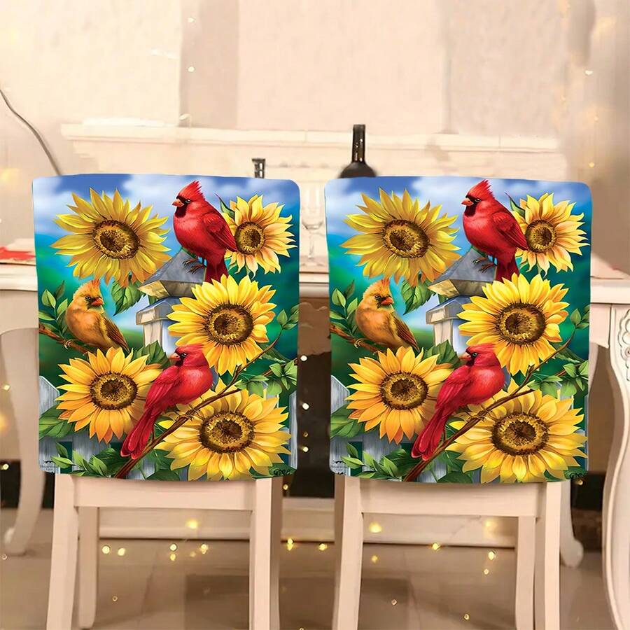 1pc/4pcs/6pcs/10pcs Spring & Summer Series 3 Little Birds Surrounded By Blooming Sunflowers Print Short Plush Chair Cover, Removable Short Plush Material Chair Backrest Protector Cover, Suitable For Dining Room, Living Room, Home Chairs, Decorative Chair Cover For Seasons And Holidays, Fits Restaurants, Offices, Living Rooms, Hotels And Home Decor - Multicolor - View 1