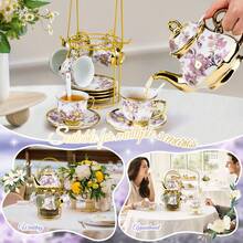 20-Piece European Porcelain Tea Set With Metal Stand & Floral Painting - Elegant Tea Service For Adults, Home Decor Or Gift (Small,  Purple) - Purple - View 6
