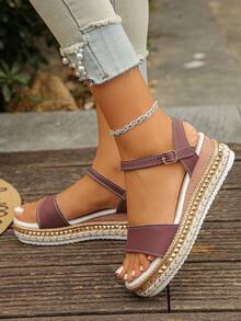 Sandalias de plataforma y cuña con decoración de remaches para mujer, color burdeos, adecuadas para vacaciones y uso diario en verano - Burdeos - Ver 5