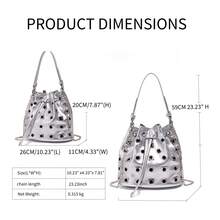 Damen Nieten Eimer Tasche, Handtasche, Umhängetasche, Umhängetasche, Abendtasche mit Magnetverschluss. Quadratisches & rundes Nieten Design, Punk Stil Unterarmtasche mit abnehmbarem Schultergurt, geeignet für Dates, Pendeln, Schule, Reisen, Einkaufen, Essen gehen - Silber - Übersicht 3