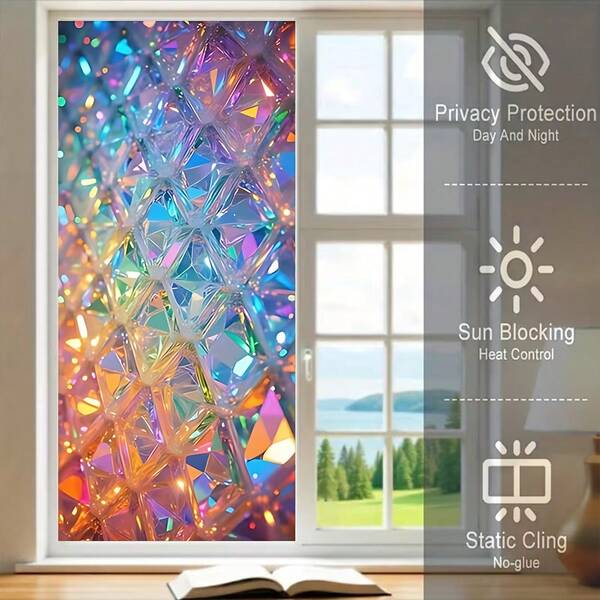 1 Peça Película Estática, com Padrão de Cristal Esmagado Multicolorido a Laser, Textura Retangular Brilhante e Efeito de Luz Refratária 3D. Adequado para Janelas de Casa, Cozinha, Banheiro, Varanda, Vitrines de Loja e Várias Decorações de Feriados como Ano Novo, Aniversário, Festa, etc.