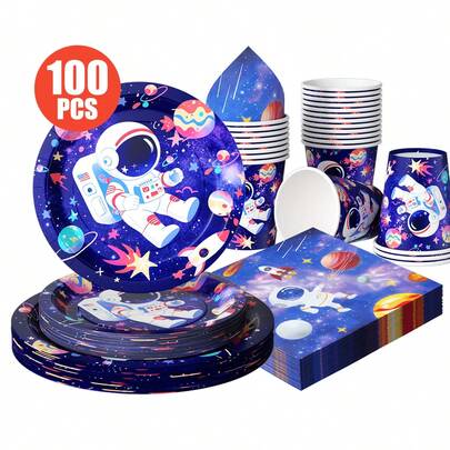 一套一次性宇航员主题餐盘、餐巾纸、纸杯，适合25位客人使用，一次性纸盘，派对用品，适用于生日、婚礼、主题派对、家庭野餐。