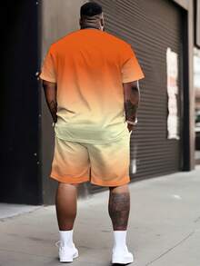 Men's Street Casual Sports Set With "Sunset Gradient Design And BLANCE Letter" Pattern - Polyester Knit Fabric, Round Neck Design, Drawstring Shorts, Pocket Details, Regular Fit, Suitable For Plus Size - Multicolor - View 2