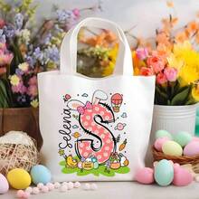 Personalized Easter Bunny Canvas Tote Bag, Customizable Easter Tote Bag With Name, Bunny Ear Easter Tote Bag, Boys Girls Easter Tote Bag, Reusable Tote Bag, Easter Basket, Happy Easter, Easter Gift - White - View 4