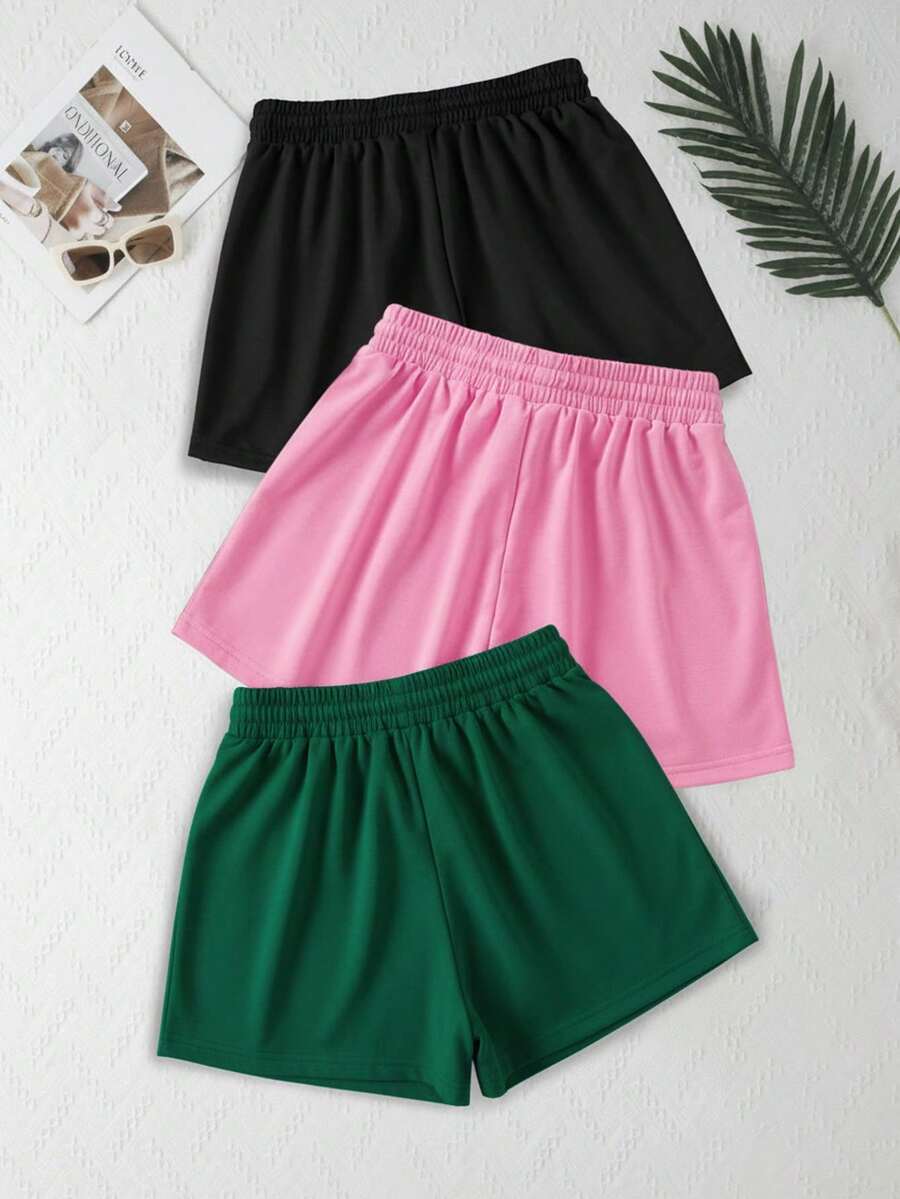 3pcs Solid Color Elastic Waist Drawstring Casual Sports Shorts - Multicolor - View 1